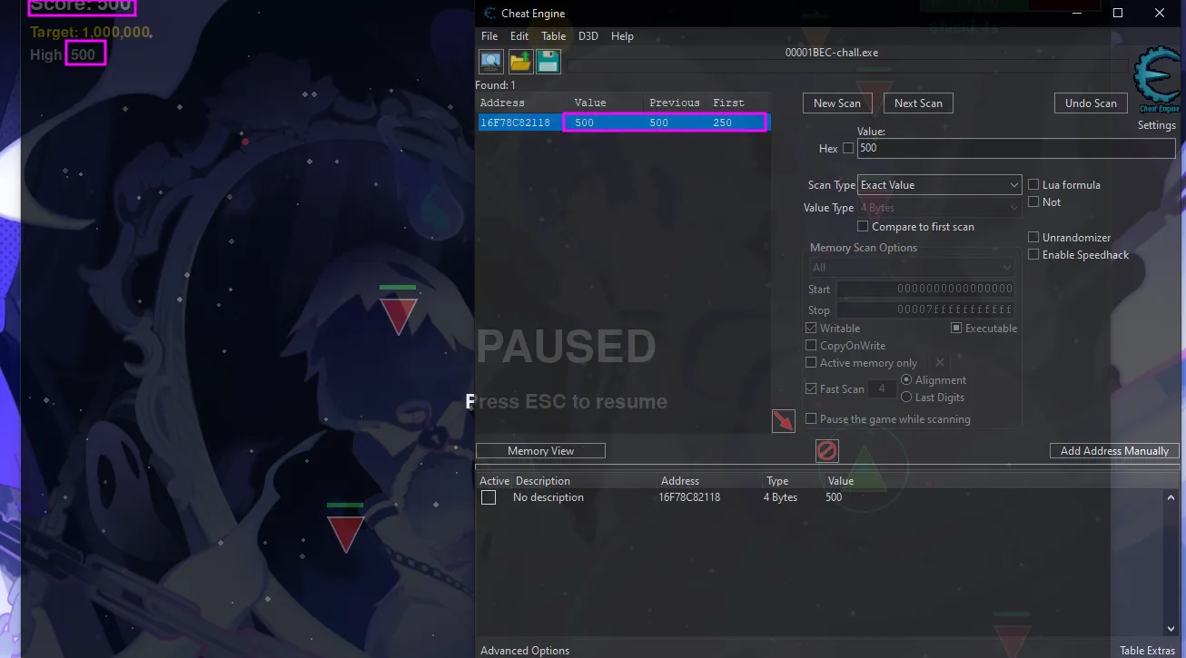 Cheat Engine attached, scanning for the score value