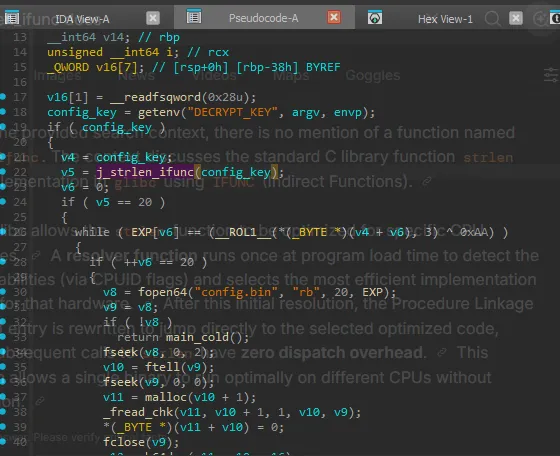 Decompiled main showing the getenv check and length gate