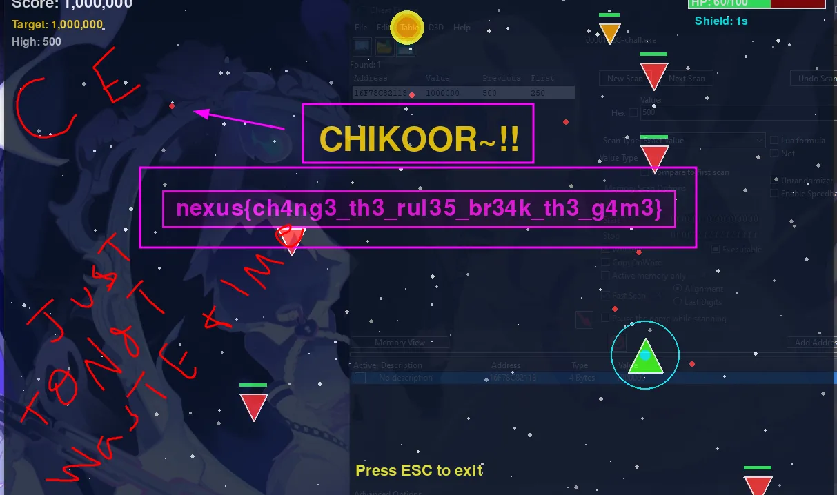 Win screen after the memory edit, flag drawn over the game